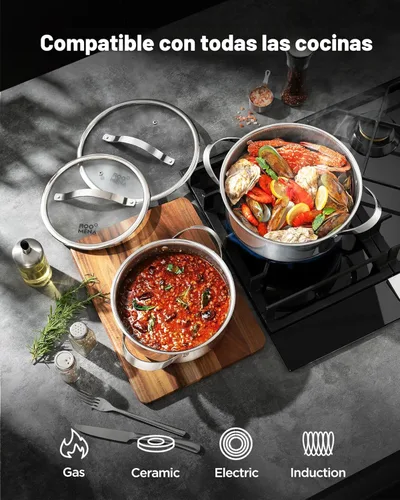 Miniatura 4 de Juego de ollas y sartenes de acero inoxidable híbrido, 17 piezas antiadherentes de tres capas con sartén, apto para lavavajillas y horno, sin PFOA