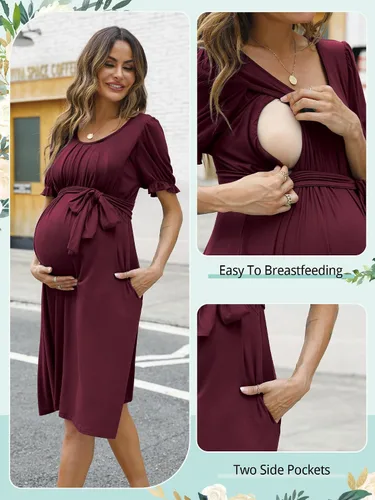 Miniatura 5 de Molliya Vestido de maternidad de manga corta, cuello redondo, casual, elástico, hasta la rodilla, vestidos de embarazo con cinturón