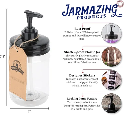 Miniatura 2 de Jarmazing Products Dispensador de jabón en tarro negro Mason – Plástico a prueba de óxido con tarro de pinta de plástico – Paquete de dos