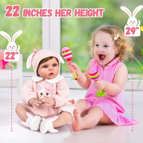 Miniatura 8 de Aori Reborn Baby Doll - muñeca de niña realista de 22 pulgadas con set de conejitos, seguro para niños de 3 años Rosa