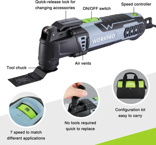 Miniatura 3 de WORKPRO Kit de múltiples herramientas oscilantes para Navidad, sierra oscilante reemplazable de bloqueo rápido con cable de 3.0 amperios con 7