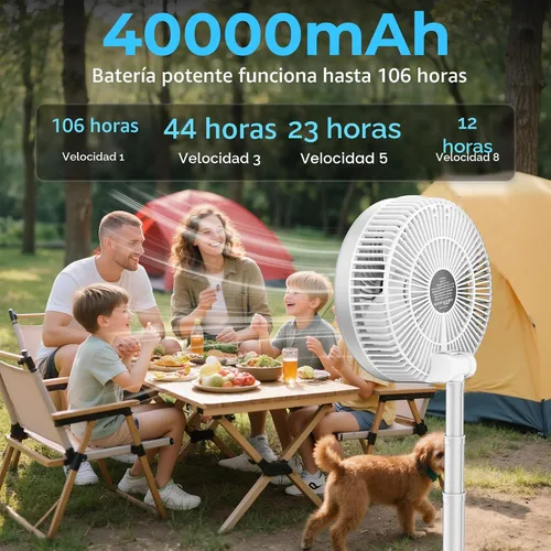 Miniatura 2 de Ventilador de viaje portátil de 40000 mAh, ventilador plegable recargable, funcionamiento de 106 horas, ventilador oscilante de pie de 8 Blanco