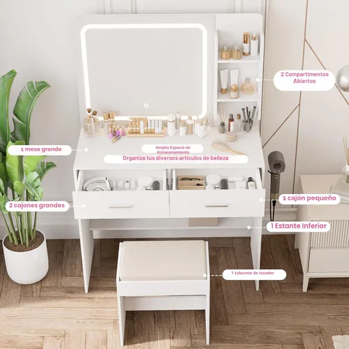 Miniatura 3 de Tocador de maquillaje con espejo iluminado y toma de corriente – 2 estantes, 2 cajones, almacenamiento inferior – Viene con taburete tapizado