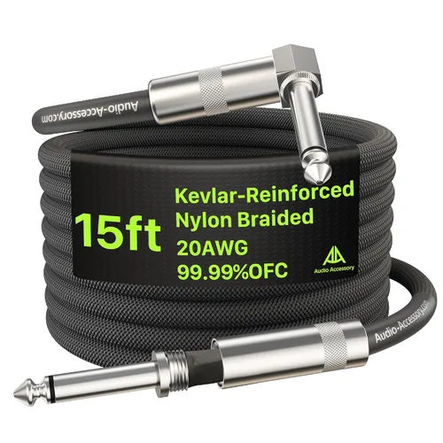 Miniatura 50 de Cable de guitarra de 1.5 pies, paquete de 2 unidades, nailon trenzado anti-torceduras reforzado con Kevlar, conector Neutrik REAN, calibre 20