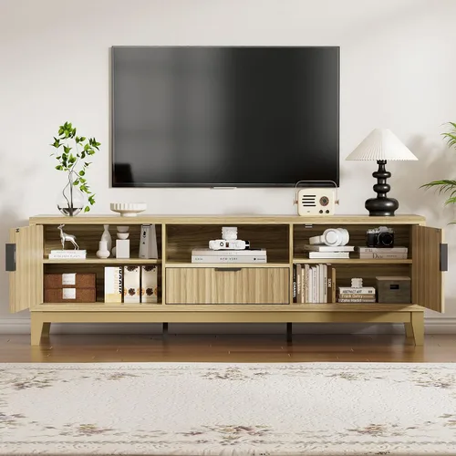 Miniatura 3 de FiveWillowise Soportes de TV de 59 pulgadas para sala de estar de hasta 65 pulgadas, centro de entretenimiento de madera estriada de 17.7 pulgadas