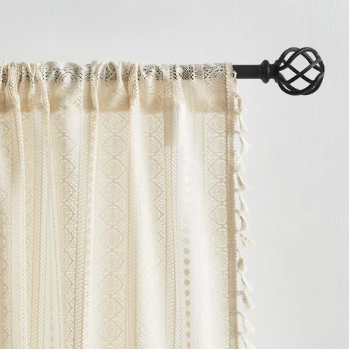 Miniatura 6 de Amzdecor Cortinas bohemias con borlas de encaje beige para dormitorio, sala de estar, lino texturizado elegante, patrón geométrico rústico