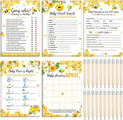 Miniatura 25 de Yinder 145 tarjetas de actividades para juegos de baby shower con 20 lápices, incluye descripción de bingo para bebés y deseos, adivina quién es