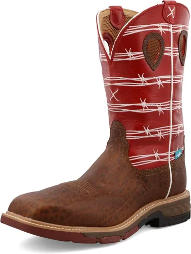 TWISTED X Botas de trabajo occidentales con punta de aleación de 12 pulgadas para hombre con CellStretch Sillín envejecido y rubí