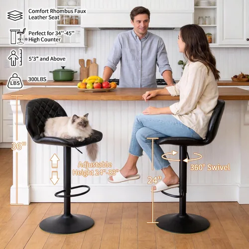 Miniatura 3 de FIRAVOE Juego de 2 taburetes de bar giratorios negros con respaldo, taburete de bar ajustable de 24 a 33 pulgadas, taburete de bar tapizado de piel