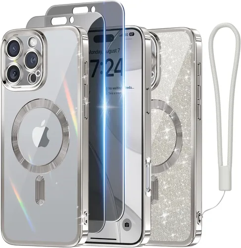 Miniatura 47 de Meifigno Candy Mag Series - Funda diseñada para iPhone 15 Pro, compatible con MagSafe, tarjeta con purpurina y correa de muñeca, protección completa