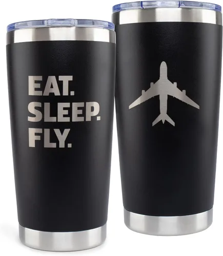Regalos de piloto | Vaso de viaje de acero inoxidable grabado con láser de 20 onzas, 2 tapas, 2 popotes, caja de regalo y tarjeta incluida,