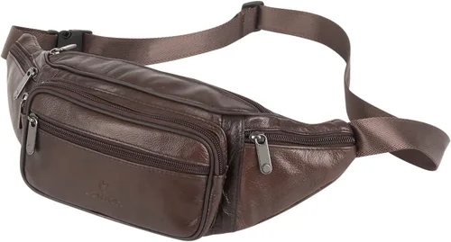 ZZNICK Riñonera de piel auténtica, bolsa de cintura, organizador con cinturón ajustable, múltiples bolsillos para hombres y mujeres, café-861 Medio,