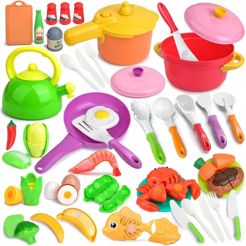 Juego de cocina para niños, 66 juguetes de cocina para niños pequeños con ollas y sartenes, alimentos, utensilios, utensilios de cocina, juego de