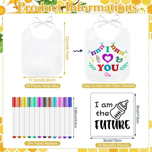 Miniatura 2 de Panitay Kit de decoración de 100 baberos para bebé, 50 baberos blancos, 25 plantillas, 24 marcadores de tela, 1 letrero de juego para baby shower