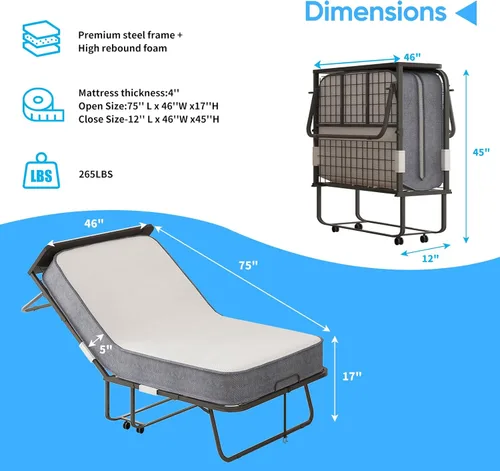 Miniatura 3 de Mjkone Cama plegable con colchón, cama rodante para adultos con cabecero y bolsa antipolvo, cama plegable portátil de 5 pulgadas para huéspedes