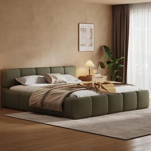 Miniatura 8 de Merax Cama de plataforma Boucle tamaño King con cabecero y estribo gruesos, marco de cama tapizado estilo bloque, color blanco