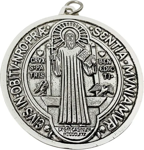 Gran Medalla de San Benito 3" en Plata Vintage con Tarjeta de Oración/Medalla De San Benito Grande/Cruz de San Benito, Aleación de metal, chapado en