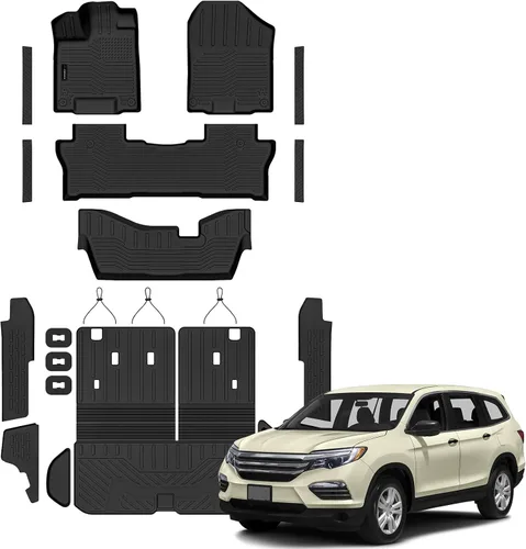 Auxko Alfombrillas para todo tipo de clima, tapete de carga con respaldo para Honda Pilot 8 pasajeros 2016-2022, forros de elastómero termoplástico,
