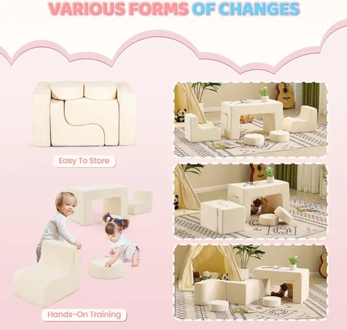 Miniatura 4 de JOYMOR Sofá modular de juegos para niños, juego de sofá de espuma de pana convertible de 6 piezas, fuerte de construcción para niños pequeños