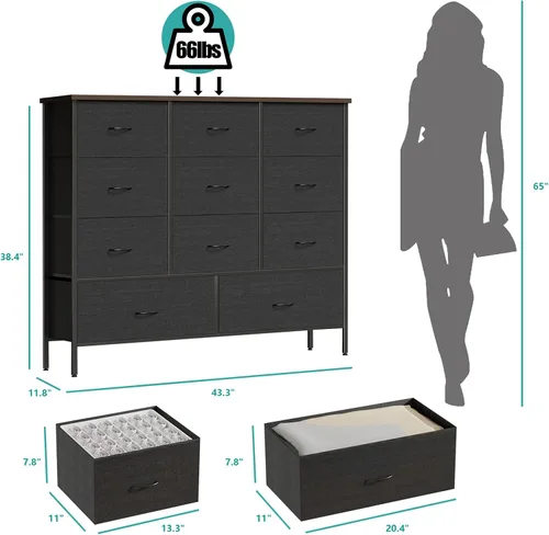 Miniatura 2 de VASICAR Cómoda de tela de 43.3 pulgadas de ancho para dormitorio, cómoda con 11 cajones profundos, soporte de TV con múltiples cajones, organizador
