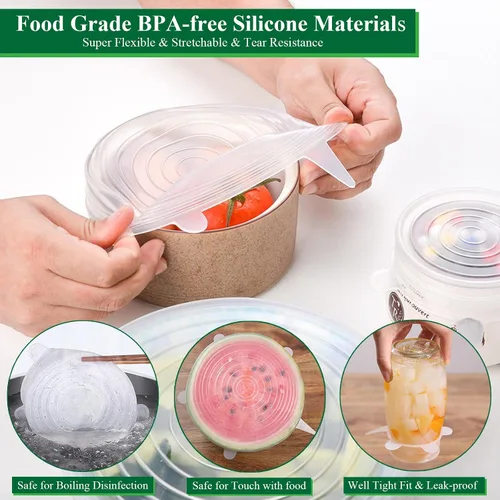 Miniatura 3 de Tapas elásticas de silicona, paquete de 12 tapas de silicona reutilizables para almacenamiento de alimentos, cubiertas de silicona sin BPA