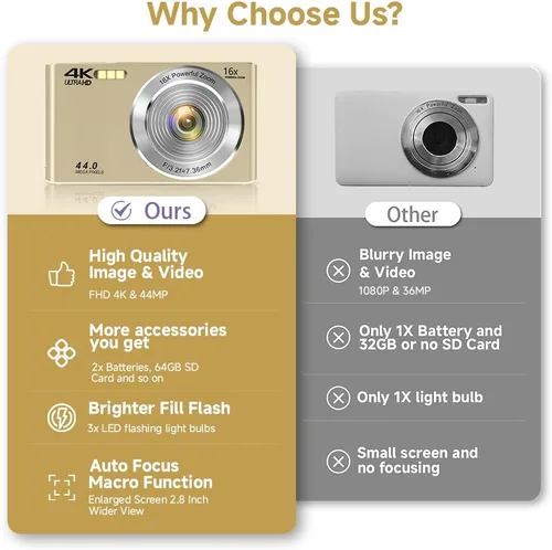 Miniatura 2 de Cámara digital, cámara digital FHD 4K 44MP con enfoque automático con tarjeta SD de 64GB, zoom digital 16X, cámaras doradas para fotografía, cámara