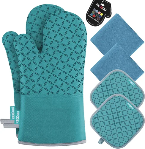 KEGOUU Juego de 6 manoplas para horno y soportes para ollas, guantes para horno de cocina, resistentes al calor, 500 grados, extra largos, Azul lago