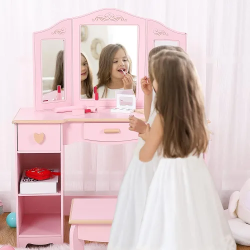 Miniatura 4 de Tocador de maquillaje para niños, mesa y silla para niñas con espejo y cajón, regalo para edades de 4 a 9 años, color rosa