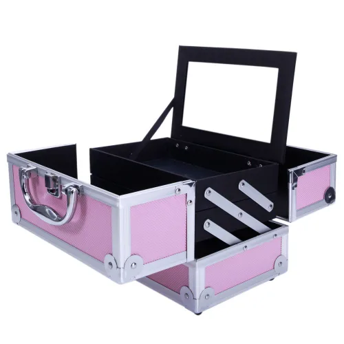 Miniatura 4 de Estuche de tren de maquillaje portátil profesional, estuche de aluminio para maquillaje, joyero, organizador de almacenamiento de cosméticos con Rosa