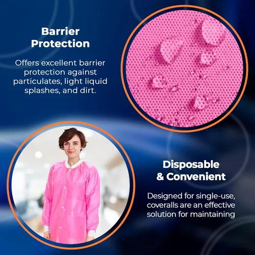 Miniatura 4 de EZGOODZ Abrigo de laboratorio desechable de 43 pulgadas de largo, mediano. Paquete de 50 abrigos de laboratorio desechables SMS rosas para adultos.
