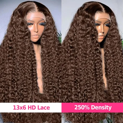 Miniatura 2 de CHEETAHBEAUTY Pelucas de cabello humano brasileño ondulado profundo #4 marrón chocolate 13X6 HD de encaje frontal transparente grado 10A rizado