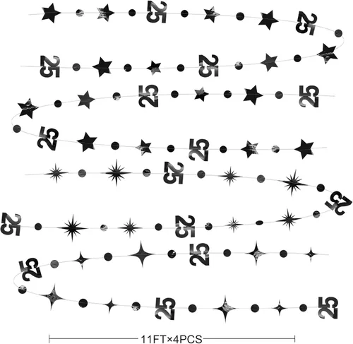 Miniatura 2 de Decoraciones negras de cumpleaños número 25 con círculos, estrellas, guirnalda de serpentina, telón de fondo para mujeres y hombres, saludos a
