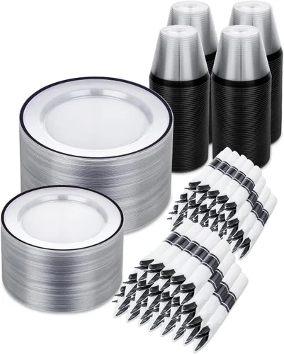 Miniatura 9 de BESTSTAR Juego de 175 platos desechables transparentes y negros para 25 invitados, 50 platos de plástico, 25 vasos, 25 servilletas preenrolladas