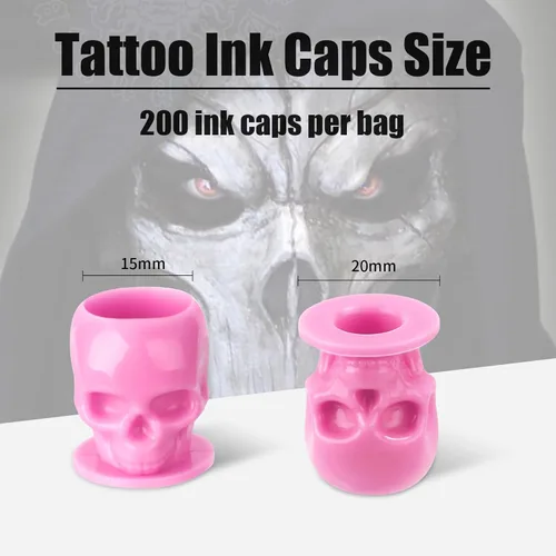 Miniatura 2 de YILONG Tapas de tinta desechables para tatuaje, vasos de tinta de tatuaje de calavera con base estable y 200 unidades por paquete, soporte Calavera