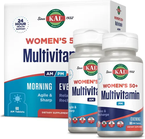 KAL Plus Multivitamínico 2 en 1 para mujeres mayores de 50 años, vitamina B y D AM/PM, biotina, ginkgo biloba, fuerza ósea y apoyo inmunológico,
