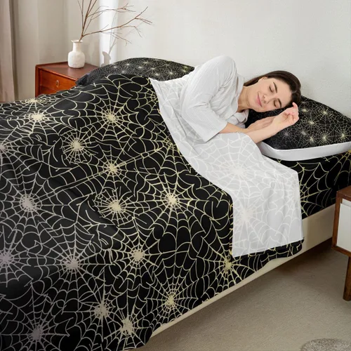 Miniatura 3 de Erosebridal Sábanas de Telaraña Juego de Sábanas Feliz Halloween Juego de Ropa de Cama de Líneas Rayas Geométricas Tamaño King Sábana Plana Amarillo