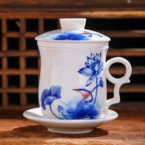 Miniatura 7 de Taza de té de porcelana con tapa de infusor y juegos de platillos – Taza de café de cerámica china Jingdezhen Taza de té de hoja suelta Sistema