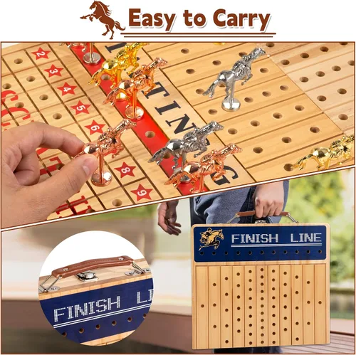 Miniatura 3 de Bravmate Juego de mesa grande de carreras de caballos de 21 pulgadas, juego de carreras de caballos plegable de madera maciza con 11 caballos