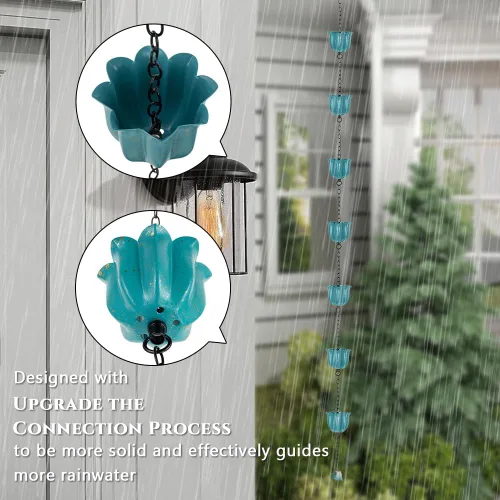 Miniatura 4 de Lotus Cadena de lluvia, cadenas de lluvia de 8.2 pies para canaletas con 10 tazas, cadenas de captura de lluvia ajustables con campana para Azul