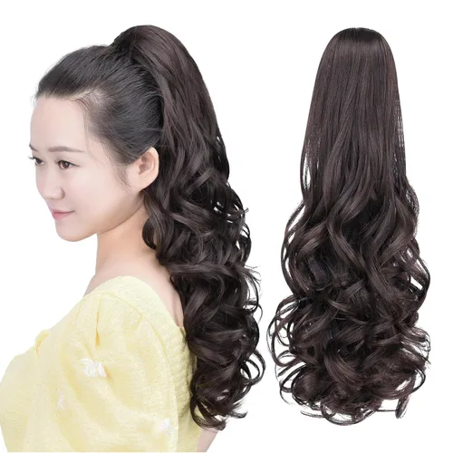 Cola de caballo sintética con clip marrón, cola de caballo falsa de 22 pulgadas, 5.3 onzas, extensiones de cabello negro ondulado, extensiones de