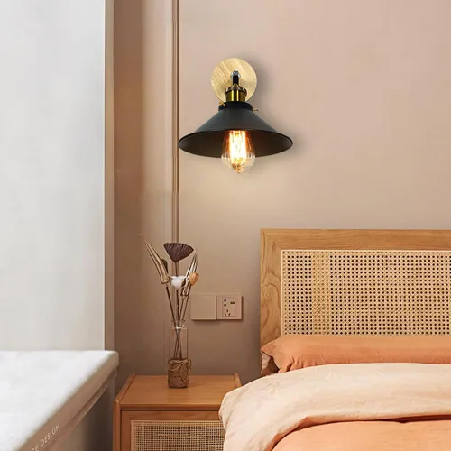 Miniatura 3 de Juego de 2 apliques de pared Vintage Negros, con Base de Madera de 1 luz, interruptor de cadena y diseño cónico. Ideal para mesilla de Noche, sala