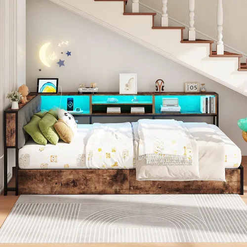 Miniatura 2 de Doltoro Marco de Cama de Esquina Individual con Estantería de Almacenamiento y Luces LED, Cama Diván Tamaño Individual con 2 Cajones de Gris