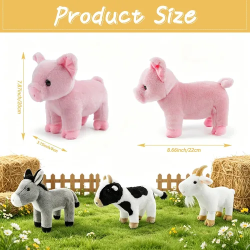 Miniatura 2 de Juego de 4 animales de peluche de granja de 8 pulgadas – cerdo, cabra, vaca y burro, juguetes ultrasuaves y lavables para niños, adorable decoración
