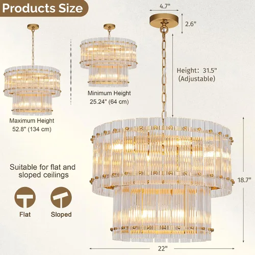 Miniatura 4 de TOCHIC Candelabro de cristal dorado de 6 luces, lámpara moderna de granja de 2 niveles para comedor, lámpara colgante para sala de estar