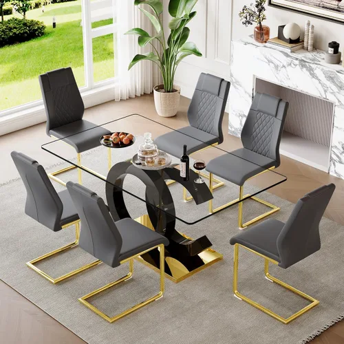 Miniatura 34 de gopop Mesa de comedor de cristal de 63 pulgadas, mesa de cocina moderna, mesa de comedor de vidrio transparente con patas de diseño único negro