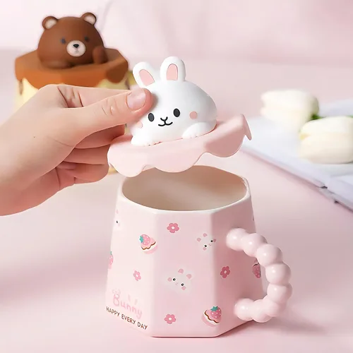 Miniatura 8 de Taza GawmFoiuy Mark con pajita, taza de cerámica con estampado de animales, 414 ml, tazas de café y té kawaii, tazas de animales divertidas, taza