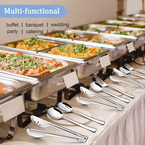 Miniatura 6 de LIANYU Juego de 8 utensilios de servir, cucharas de servir de acero inoxidable, cucharas ranuradas, tenedores, pinzas de metal para cocina, bufé
