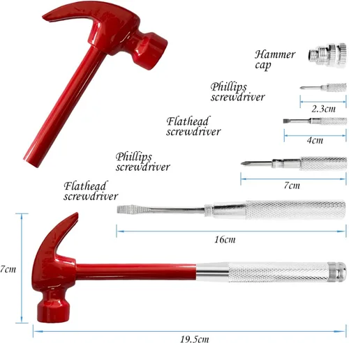 Miniatura 2 de Juego de mini martillo y destornillador multiherramienta 6 en 1 rojo - Herramientas de mano para acampar con cabeza de martillo de metal
