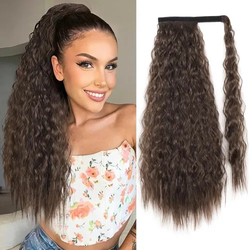Miniatura 15 de Extensión de cola de caballo ondulada larga con pegamento mágico, resistente al calor, sintética, para envolver, cabello ondulado, para mujer