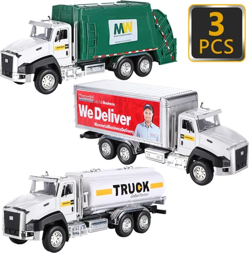 G.C Juego de 3 vehículos de transporte fundidos a presión, camión de basura, camión cisterna, camión de reparto a escala 1:50, juguete de coche de